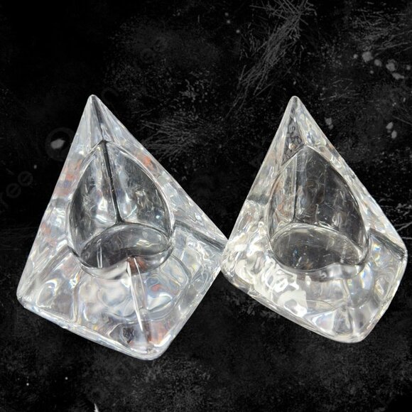 Nybro Art Glass Pyramid Pillar Candle Holder Clear Set 2 Tord Kjellstrom Sweden - Picture 2 of 14